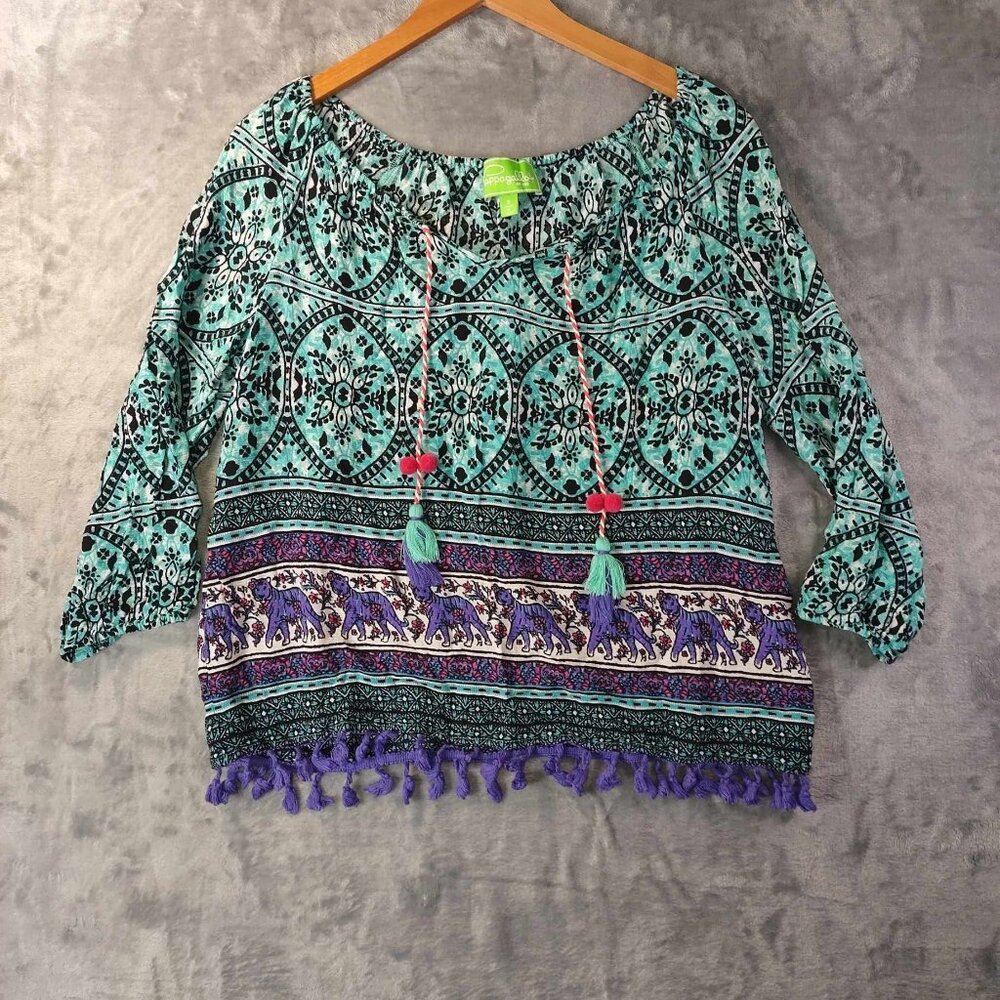 Pappagallo Teal & Purple Boho Elephant Print Peasant Blouse